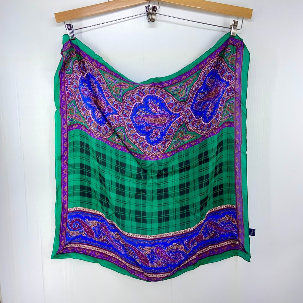 Honey Silk Square Scarf Purple Green Blue Black Plaid Check Paisley 30 Inch